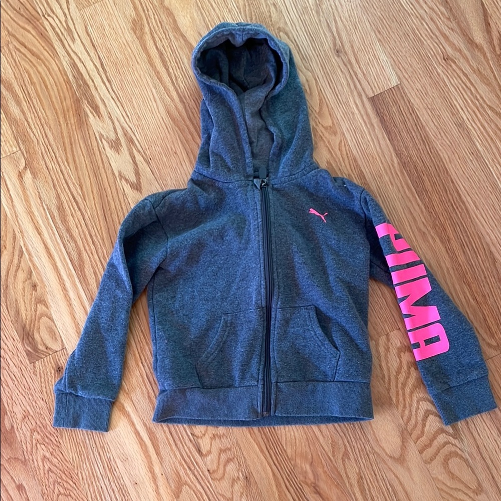 PUMA Girls Zip Up Hoodie | Dark Gray with Pink Logo Size 5